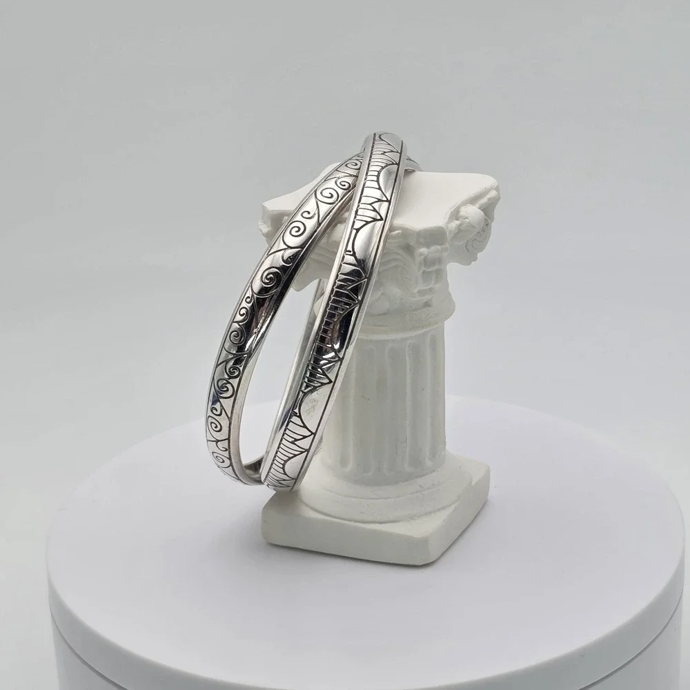 Vtg BRIGHTON 'Avenue' Bracelet Etched Double Interlocked Bangles‎ Silver Plated